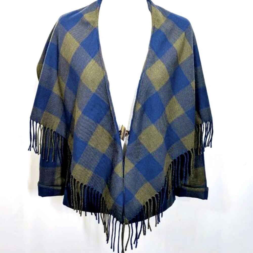 0448 WORTH NY 100% Wool Plaid Wrap Cape Ruana Blue Green Tartan Fringe